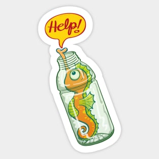 Worried seahorse trapped in a plastic bottle asking for help Sticker